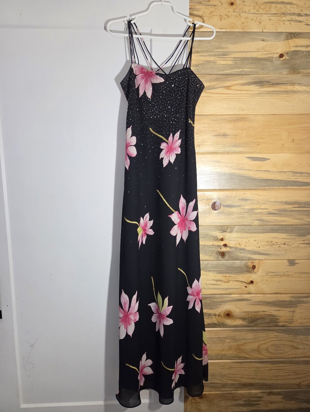 Vintage Y2K Chelsea Nites Black Formal Shift Prom Dress Pink Flower Ombre Sequin